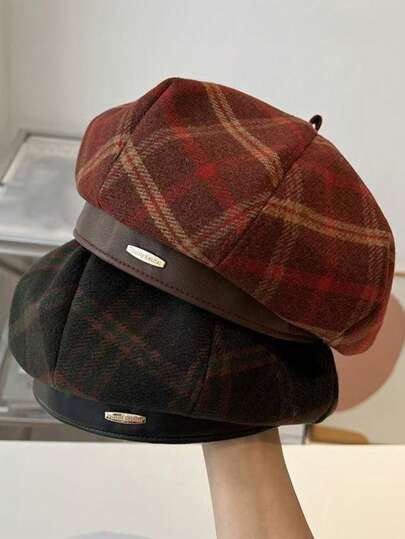 1pc Women's Autumn/Winter British Retro Plaid Beret Octagonal Hat, Casual Leisure, Polyester