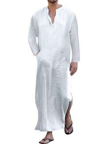 Men's V-Neck Short Sleeve Robe Side Split Kaftan Cotton Long Gown Thobe S-3XLhalloween - Trắng số 1 - Xem 1