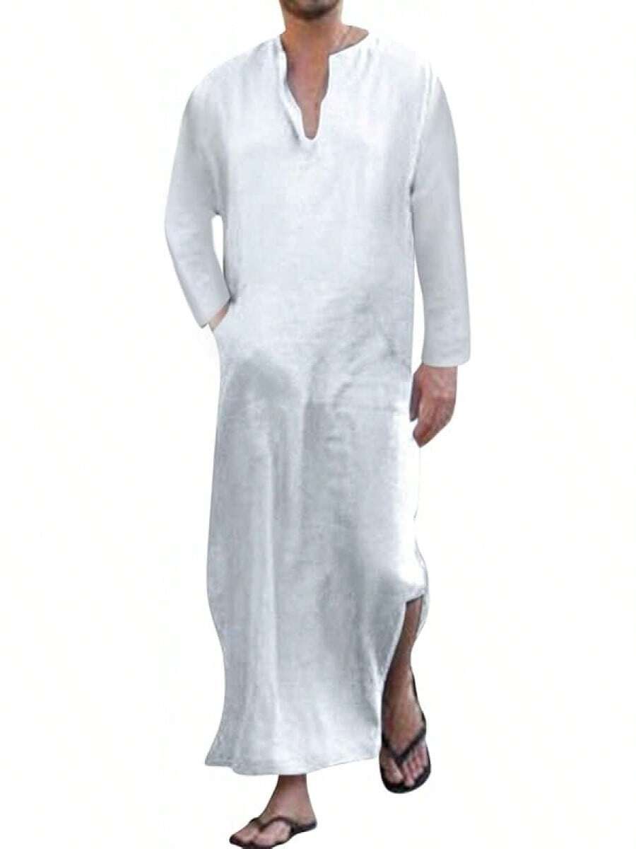 Men's V-Neck Short Sleeve Robe Side Split Kaftan Cotton Long Gown Thobe S-3XLhalloween - Trắng số 1 - Xem 1