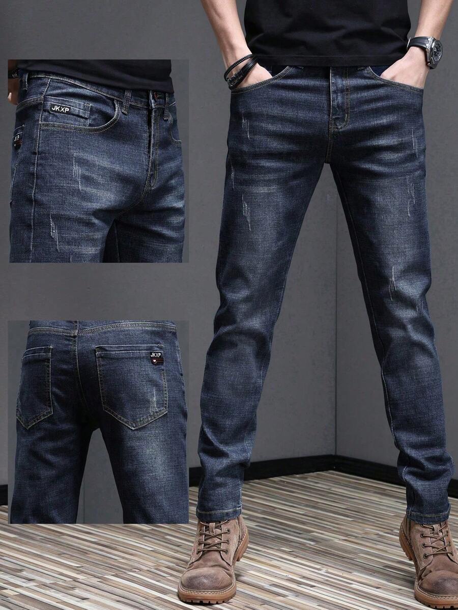 男士猫抓纹理弹力修身直筒牛仔裤，宽松长款，水洗做旧，复古休闲风，适合朋友外出，Y2K风格