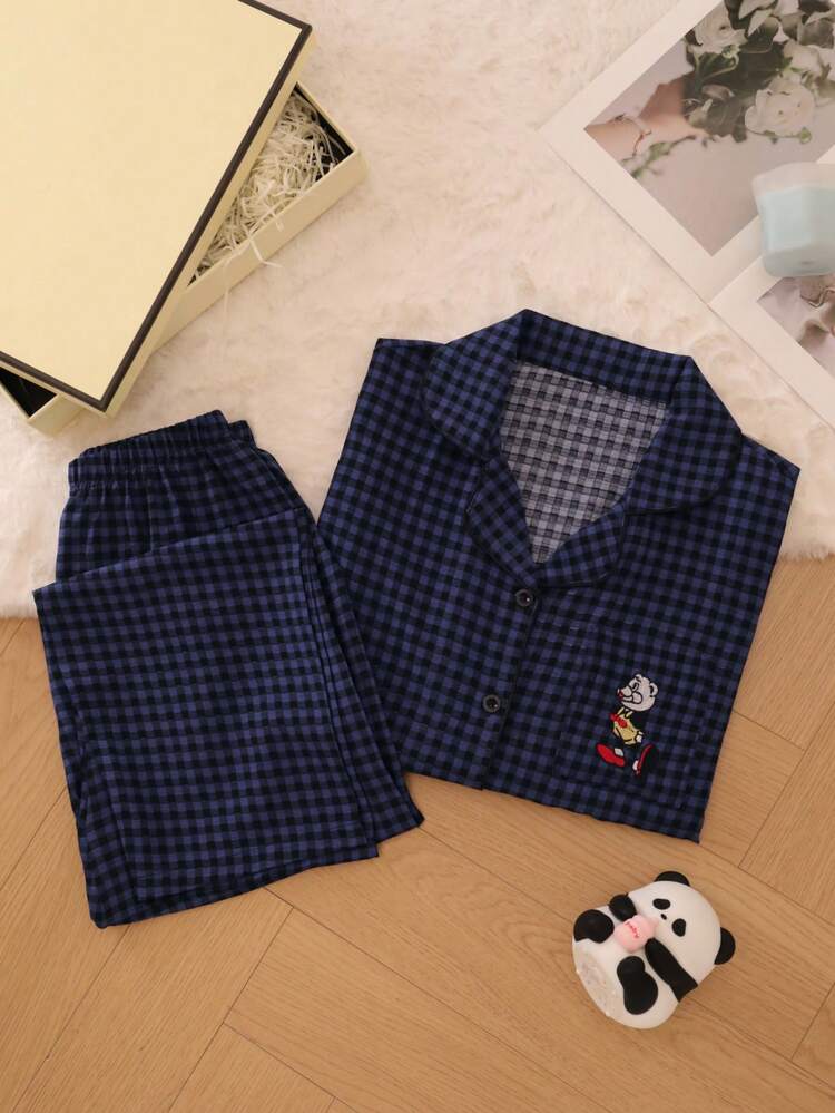 大码女式格子睡衣套装，可爱翻领纽扣上衣和长裤，家居服和休闲服，秋冬服装 - 彩色 - 查看 7
