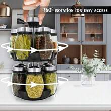 1pc Practical Rotating Spice Rack Storage Box - Rotating Countertop Herb And Spice Condiment Storage Jars, 6 Glass Jars On 1 Layer, 12 Glass Jars On 2 Layers, Kitchen Storage Helper For Kitchen, School, Home Gatherings (Includes Stand And Labels) - Black and White - View 3