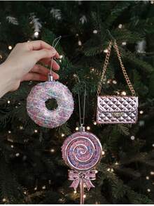 1pc Christmas Pink Pendant, Pink Cartoon Donut, Christmas Tree Decoration Pendant In The Shape Of A Bag Cake, Christmas Gift Home Decor Christmas Decorations Room Decor Winter