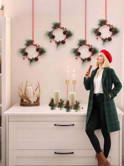 1pc Christmas Candle Ring Wreath With Artificial Pine Needles Pinecones And Red Berries,Winter Faux Holly Berry And Greenery Plant Candlestick Garland For Christmas,Christmas Eve,Party,New Year,Table Fireplace Home Decoration,Candlestick Garland Decor,Wedding Centerpiece And Christmas Holiday Table Decor,Festival Celebration Scene Decor,Indoor Outdoor Garden Gate,Holiday Essential Gift Christmas Decorations Room Decor