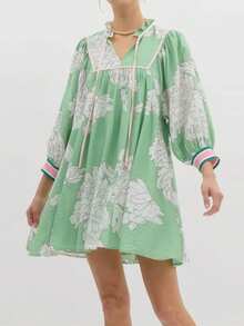 Women Flower Lounge Dress Loose Tie-Up V Neck 3/4 Sleeve Pajama Dress Casual Sleepwear - Green - View 1