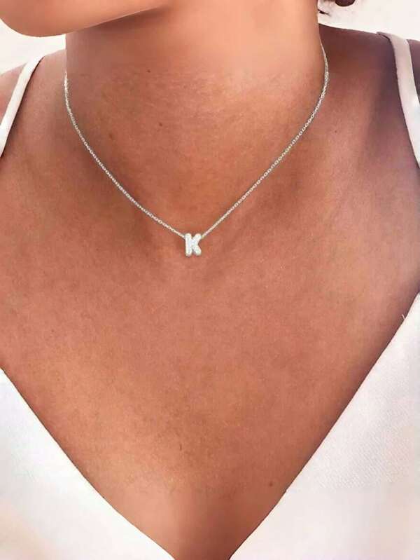 1 Stück neue, einfache Zirkonia-Pavé-Blasen-Initialen-Anhänger, Silberfarbe Edelstahl-Kette Halskette für Frauen