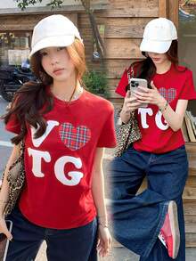 Back To School Cute Heart & Letter Print Casual Round Neck Short Sleeve T-Shirt For Women, Spring/Summer Red - Red - View 4