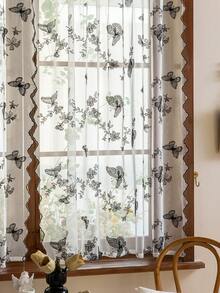 1 件米色绣花菊花蕾丝薄纱窗帘 - 黑色 - 查看 2