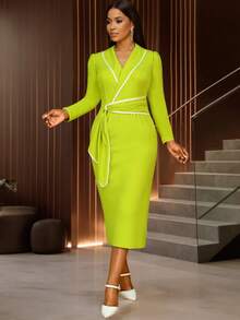 Women Long Sleeve Ruched Wrap V Neck Sheath Office Dress Color Block Midi Party Wear To Work Dresses With Belt Christmas Party Dress,Chic Evening Dress Stylish Clothing Collection - 綠色 - 查看 2