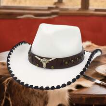 Retro Carnival Cowgirl Hat For Women Men Bull Head Leather Belt Wide Brim Western Cap - trắng - Xem 4