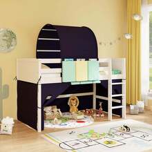 Lifezeal Twin Loft Bed With Tower & Tent 3 Storage Pockets Guardrail And Ladder - Navy Blue - View 4