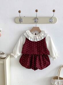 3pcs Baby Girl Sweet Peter Pan Collar Undershirt, Ditsy Floral Vest, Ruffle Pants Set, Autumn
