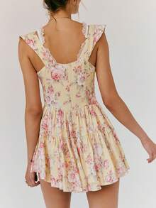 Women Boho Graphic Mini Dress Ruffle Strap A Line Sundress Graffiti Short Babydoll Dress Floral Going Out Dresses - Màu vàng - Xem 2