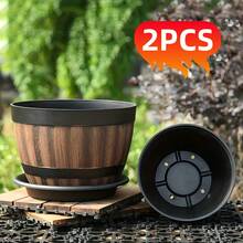Vintage Whiskey Barrel Planter - Resin Stripe Pattern, Set Of 2 Oval Plastic Planters With Drainage Holes And Trays, Suitable For Herbs And Succulents, Suitable For Indoor And Outdoor Use - Kèn Trumpet cổ điển - Xem 1