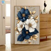 1 White And Navy Blue Bouquet With Golden Leaf Canvas Printed Posters, Modern Wall Arts Decoration Painting, Suitable For Coffee Shops, Homes, Bedrooms, Living Rooms, Kitchens, Bathrooms, Offices, Home Decoration, Decorating Houses, Bedrooms, Wall Decoration, Give To Friends. Ideal Choice For Decoration