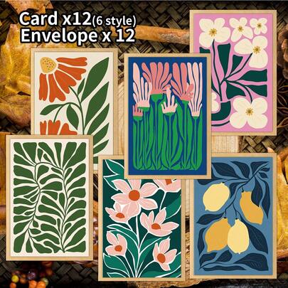 12PCS Vintage Botanical Greeting Cards With Envelopes – Retro Aesthetic Floral & Fruit Design Note Cards, 6 Unique Styles, For Gifts, Invitations, Journaling Or Wall Decoration