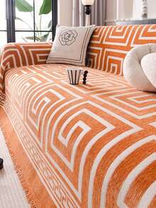 1 件套雪尼尔沙发盖毯，波西米亚叶子图案，柔软，宠物友好，可机洗，100% 涤纶，带沙发保护套，适用于卧室、客厅、家居装饰 - 橘色 - 查看 2