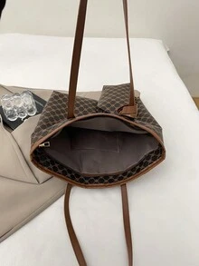 1 件咖啡棕色手提包，全新设计，带金属五金装饰，复古花卉 PU，大容量女士单肩包（带小吊坠配件） - 咖啡棕 - 查看 5