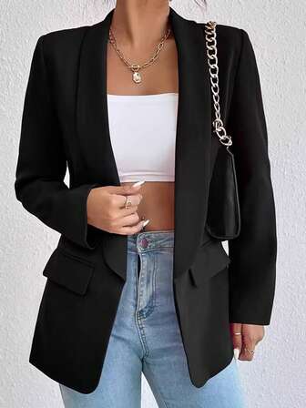 Women's Solid Black Blazer - New Style For Spring And AutumnAdopting A Shawl Collar Design That Endows The Blazer With An Elegant And Graceful Temperament, It Is Suitable For Occasions Such As Weddings, Daily Outings, Parties, And Festivals. It Can Also Serve As An Outfit For New Year, Christmas, Halloween, And Other Celebrations.