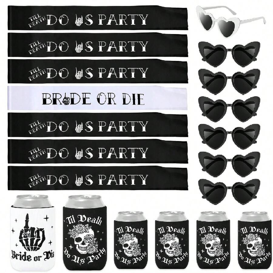 Bộ quà tặng trang trí tiệc độc thân "Cô dâu hay chết" Till Death Do Us Party kèm ruy băng và ly dự tiệc - Nhiều màu - Xem 1