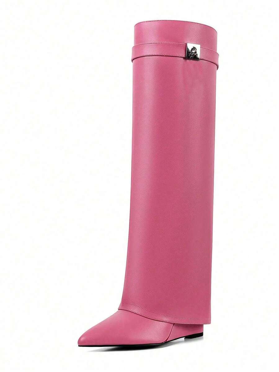 Women's Knee High Fold Over Slouchy Shark Boots Wedges High Heels Pointed Toe Fashion Padlock Buckle Pull On Party Sexy Boots Woman - Pink - View 1
