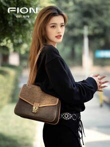 Minions Women Letter Print Shoulder Bag Leather Hobo Bag for Women with Cute  Bag Charm Flap Square Handbag Purse Ladies Vintage Casual Clutch Purse for Daily Use Wallet Bag - 黑棕 - 查看 3