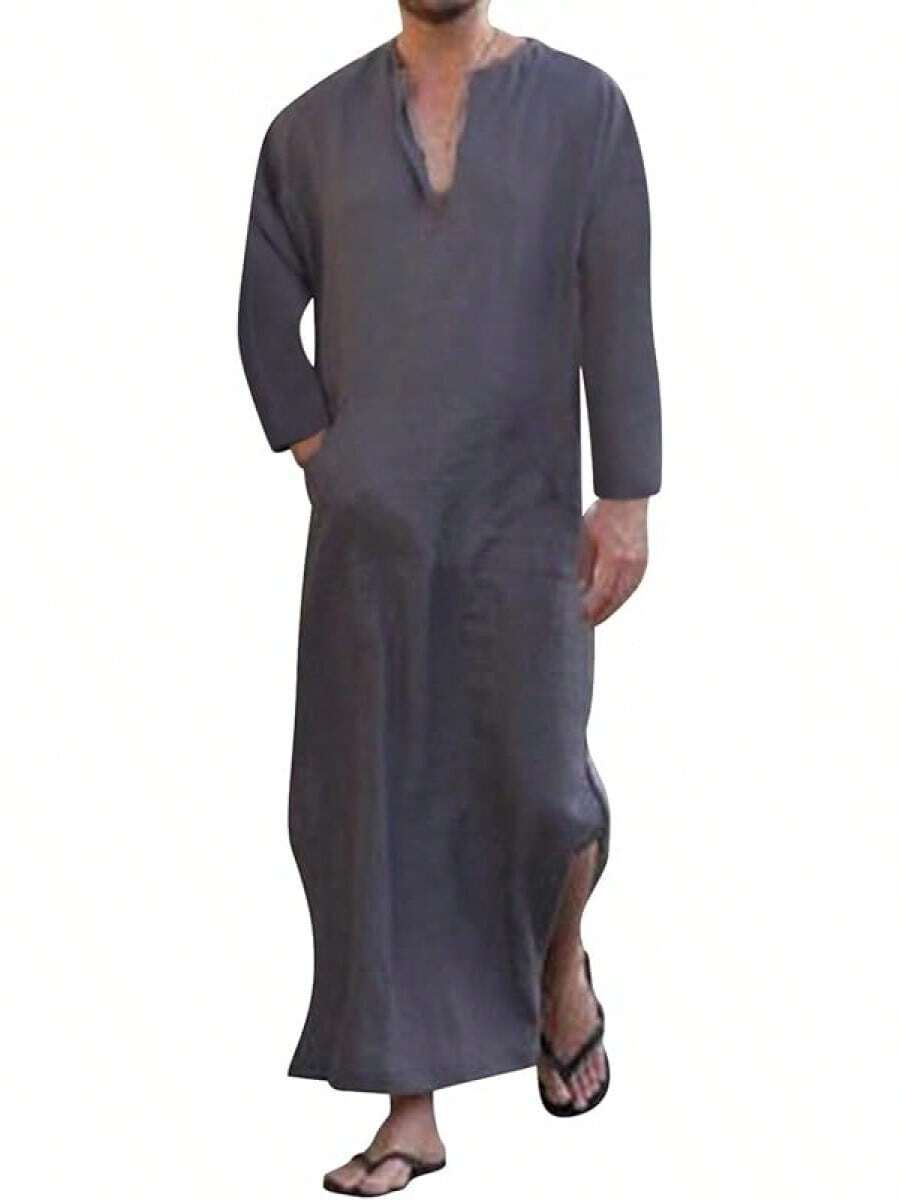 Bata de hombre de cuello en V de manga corta con abertura lateral, túnica larga de algodón Kaftan, S-3XL - Gris púrpura #1 - Ver 1