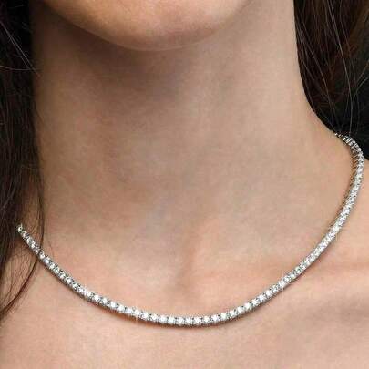 1pc 3mm Top-Grade Hip Hop Four-Claw Pave Diamond Tennis Necklace, Platinum Material, Adjustable Choker Necklace, S925 Or 925 Sterling Silver Sparkling Luxury High-End Jewelry, Ideal Gift For Women