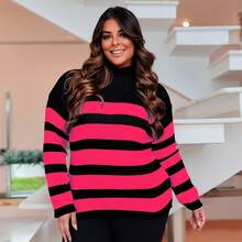 Plus Size Cold Knit Cacharrel Blouse With Thick Stripes And High Neck For Women - Rosa Fucsia - Ver 2