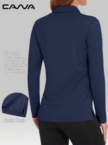 Cavva 女式 UPF50+ 长袖 Polo 衫 吸湿排汗 速干 轻盈透气 修身 侧开衩 防晒 高尔夫 网球 徒步 户外 - 藏蓝色 - 查看 2