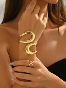 1 Set Spiral Design Chunky Bracelet Ring Jewelry Set , Women Cuff Bangle , Matching Design Rings Bracelets - Gold - View 1