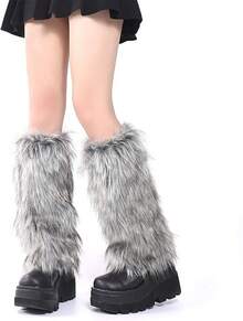 OSPNIEEK Womens Faux Fur Furry Leg Warmers - 灰色 - 查看 3