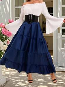 Women Medieval Dress Contrast Off Shoulder Long Sleeve Long Tiered Dress Renaissance Costume For Party Stage Perfect For Cosplay Halloween - Blue - View 2