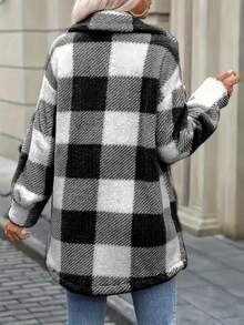 Solstice Apparel 黑白格纹仿羊羔绒按扣外套，翻领长袖宽松保暖大衣，美式复古风，适合日常通勤和外出穿着，秋冬百搭上衣 - 彩色 - 查看 3