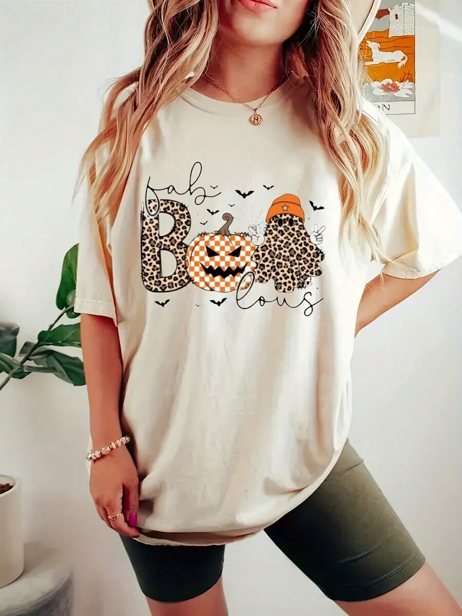 Women's Halloween T-Shirt - Beige Pumpkin Pattern Leopard Print Top - Masquerade Daily Autumn Fashion Outfit - Comfortable Cute Halloween Costume, Halloween Apparel