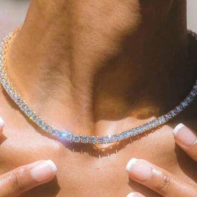 1条2毫米顶级嘻哈四爪镶钻网球链项链，可调节铂金镀层S925或925纯银闪亮奢华精致珠宝，女士理想礼物