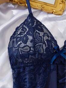 2pcs Lace Sexy Lingerie Set, Ruffled Sheer Mesh V-Neck Sleepwear, Sexy Slip Dress Nightgown, Lace Trim Babydoll Pajamas With Panty, Suitable For Autumn Home Wear, Also Wearable In Winter - Navy Blue - View 6