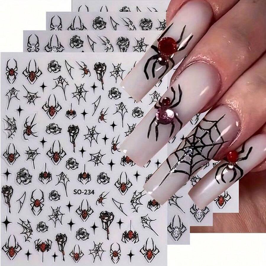 3D Glitter Halloween Nail Stickers - Reusable Spider & Web Design Nail Art For Women - Party Supplies - Đỏ - Xem 1
