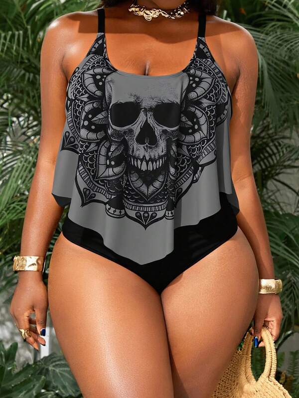 Slaydiva Conjunto de tankini de talla grande con estampado de calavera, tirantes de espagueti y bajo asimétrico, y Bottom fruncida, perfecto para fiestas en la piscina