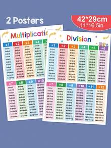 Pôster com 2 peças de tabela de multiplicação e divisão matemática tamanho A3, tabuada de 1 a 12, pôster educativo de aprendizagem de matemática para crianças, decoração de sala de aula, 29 x 42 cm, adequado para crianças de 3 a 6 anos