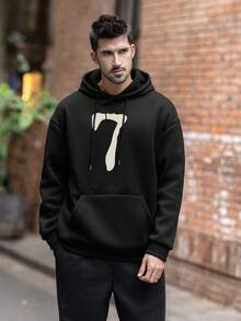 Men's Casual Number "7" Print Pocket Drawstring Hoodie, Autumn/Winter, Long Sleeve Top - Black - View 3