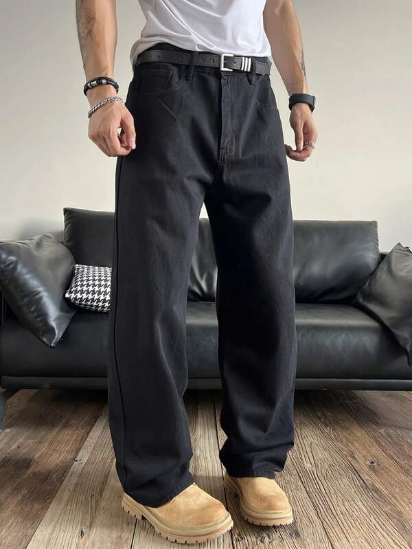Jeans casuales negros de corte holgado para hombre, moda