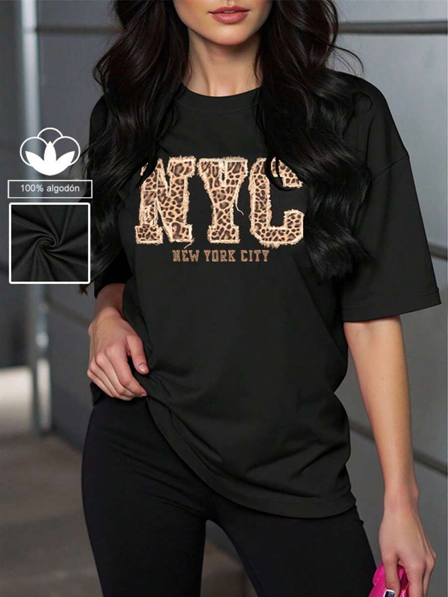 Camiseta Casual de Mujer con Estampado-Suave, Cuello Redondo, Manga Corta Liso Casual Diario - Negro - Ver 1
