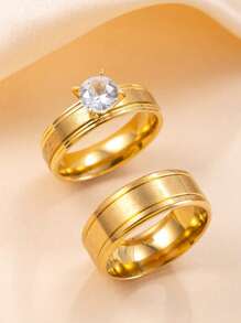2 Stücke/Set einfache 4MM Zirkonia Dekor Edelstahl Ring für Frauen