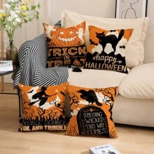 4 件万圣节枕套，饰有巫师墓碑、南瓜灯、幽灵、黑猫图案，橙色单面印花拉链靠垫套，万圣节家居装饰，适用于家庭、客厅、沙发、床、户外露台，不含枕芯，尺寸为 18 X 18 英寸