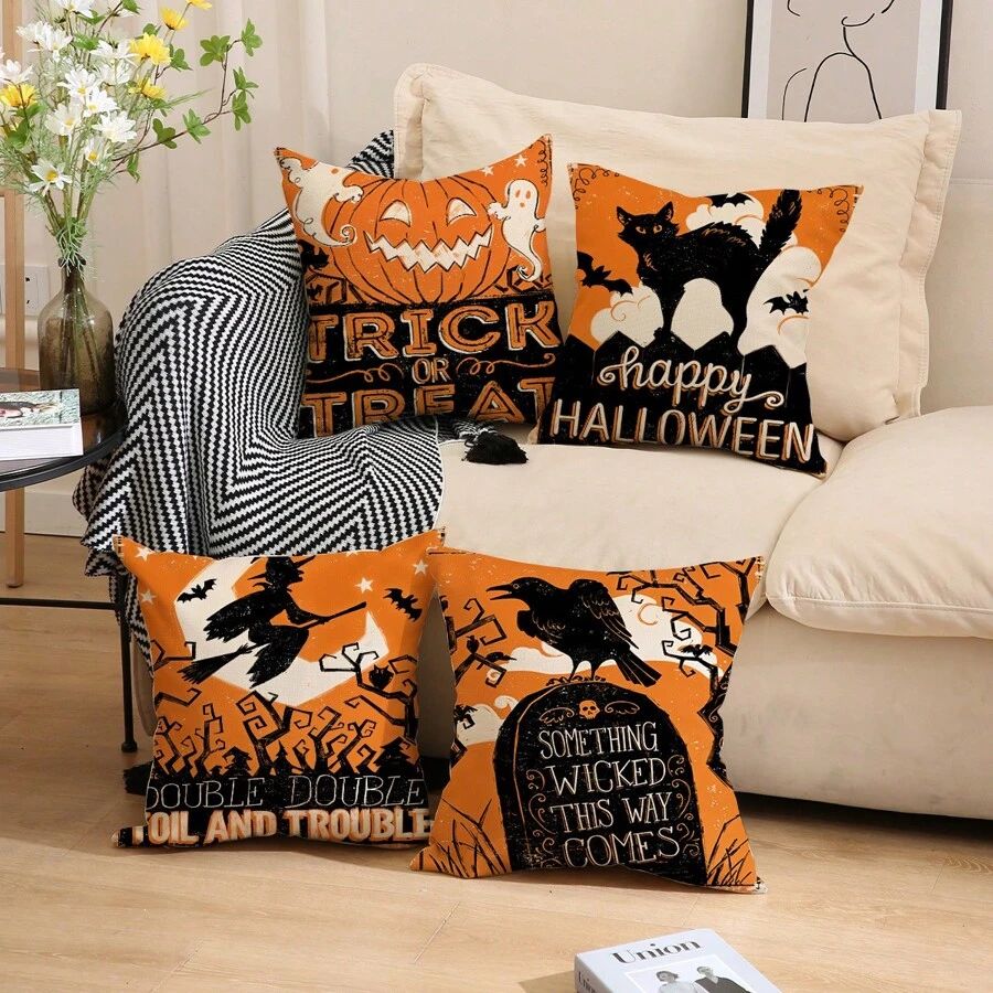 4 件万圣节枕套，饰有巫师墓碑、南瓜灯、幽灵、黑猫图案，橙色单面印花拉链靠垫套，万圣节家居装饰，适用于家庭、客厅、沙发、床、户外露台，不含枕芯，尺寸为 18 X 18 英寸