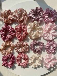 16个柔软缎面发圈 - 高弹力纯色发绳，粉色、紫色和米色，波西米亚风格发饰，适合休闲或正式场合，可作头饰或马尾辫发圈 - 彩色 - 查看 2