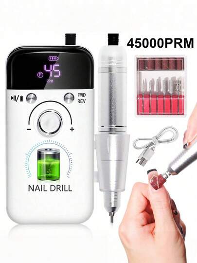 Taladro de uñas recargable profesional de 45000 RPM, Archivo eléctrico portátil , herramientas de amoladora de gel acrílico con 6 bits y bandas de lijado para manicura, pedicura, tallado y pulido