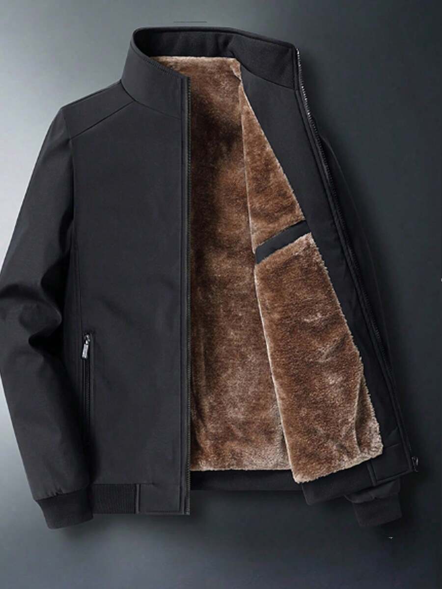 男士 2025 秋冬 夏尔巴 内衬 夹克，保暖 内衬 保暖 运动夹克 - 黑色 - 查看 1