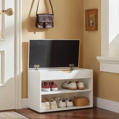 2 Tiers Shoe Rack Shoe Cabinet Shoe Storage Bench With Folding Padded Seat White W60 X D30 X H44cm FSR25 Shoe Bench Shoe Storage Bench Storage Bench S